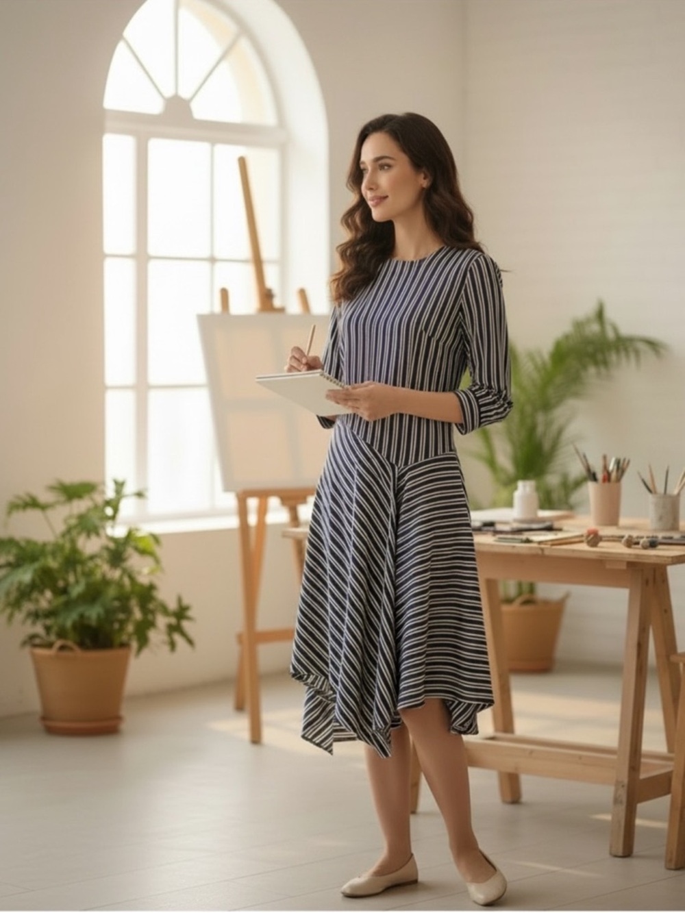 Banana Republic asymmetrical hemline striped long sleeve modest dress size 8
